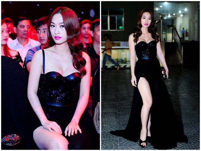Người mẫu Quỳnh Thy nổi bật trên hàng ghế VIP chương trình Chinh phục đỉnh cao 2014 nhờ bộ váy tông đen gợi cảm của Lê Thanh Hòa. Cúp ngực ôm sát và đường xẻ cao vô cùng quyến rũ, tạo hình ảnh thu hút và lộng lẫy khi người đẹp đến cổ vũ các thí sinh trong đêm chung kết.