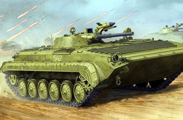Xe chiến đấu binh BMP-1 tiến công với sự yểm trợ từ pháo phản lực BM-21 Grad.