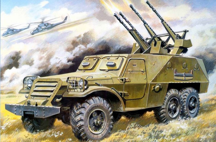 Pháo phòng không tự hành BTR-152A với pháo ZPU-4 14,5mm 4 nòng tấn công mục tiêu trên không, trên trời các trực thăng Mi-24 yểm trợ cho BTR chống lại hỏa lực tăng đối phương.