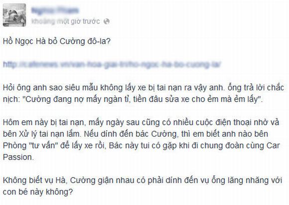 Một b&agrave;i đăng tr&ecirc;n Facebook xoay quanh tin đồn H&agrave; Hồ v&agrave; Cường Đ&ocirc; La chia tay