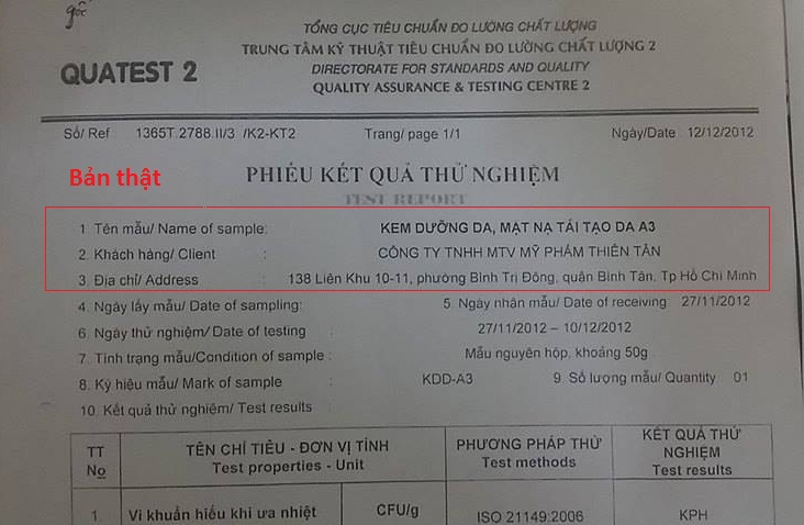 Phiếu kết quả thử nghiệm