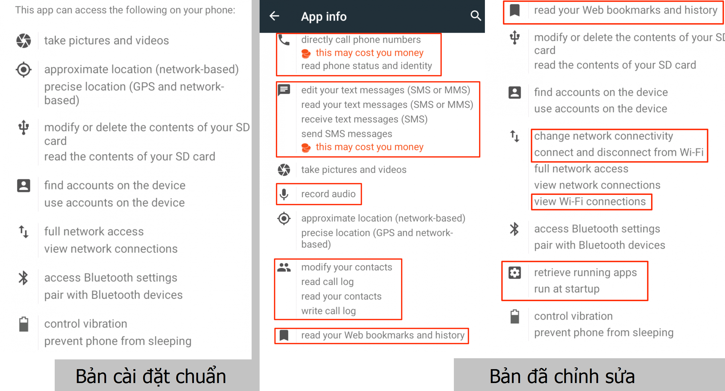 So s&aacute;nh sự kh&aacute;c nhau giữa bản c&agrave;i đặt chuẩn tải về từ Google Play v&agrave; bản APK c&oacute; chứa m&atilde; độc