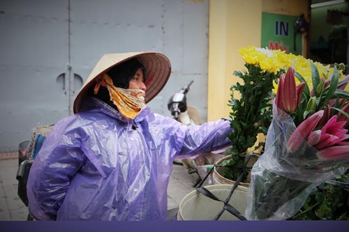 Giữa cái lạnh buốt giá, người phụ nữ này vẫn chở những gánh hàng hoa đi khắp phố vì kế mưu sinh. Ảnh: Tiền Phong