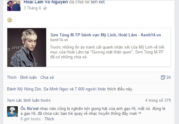 Ho&agrave;i L&acirc;m chia sẻ link một b&agrave;i b&aacute;o về quan điểm của Sơn T&ugrave;ng tr&ecirc;n FB c&aacute; nh&acirc;n