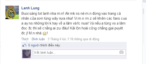 Một fan của Ho&agrave;i L&acirc;m k&ecirc;u gọi c&aacute;ch cư xử văn m&igrave;nh với fan của Sơn T&ugrave;ng như lời L&acirc;m đ&atilde; nhắn nhủ