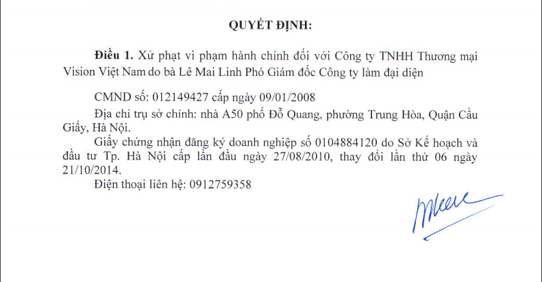 C&ocirc;ng ty TNHH Thương mại Vision Việt Nam bị phạt 25 triệu đồng