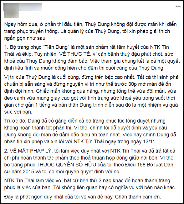 Kh&ocirc;ng chịu đội mấn khi thi quốc phục, Th&ugrave;y Dung bị chỉ tr&iacute;ch coi thường nh&agrave; thiết kế