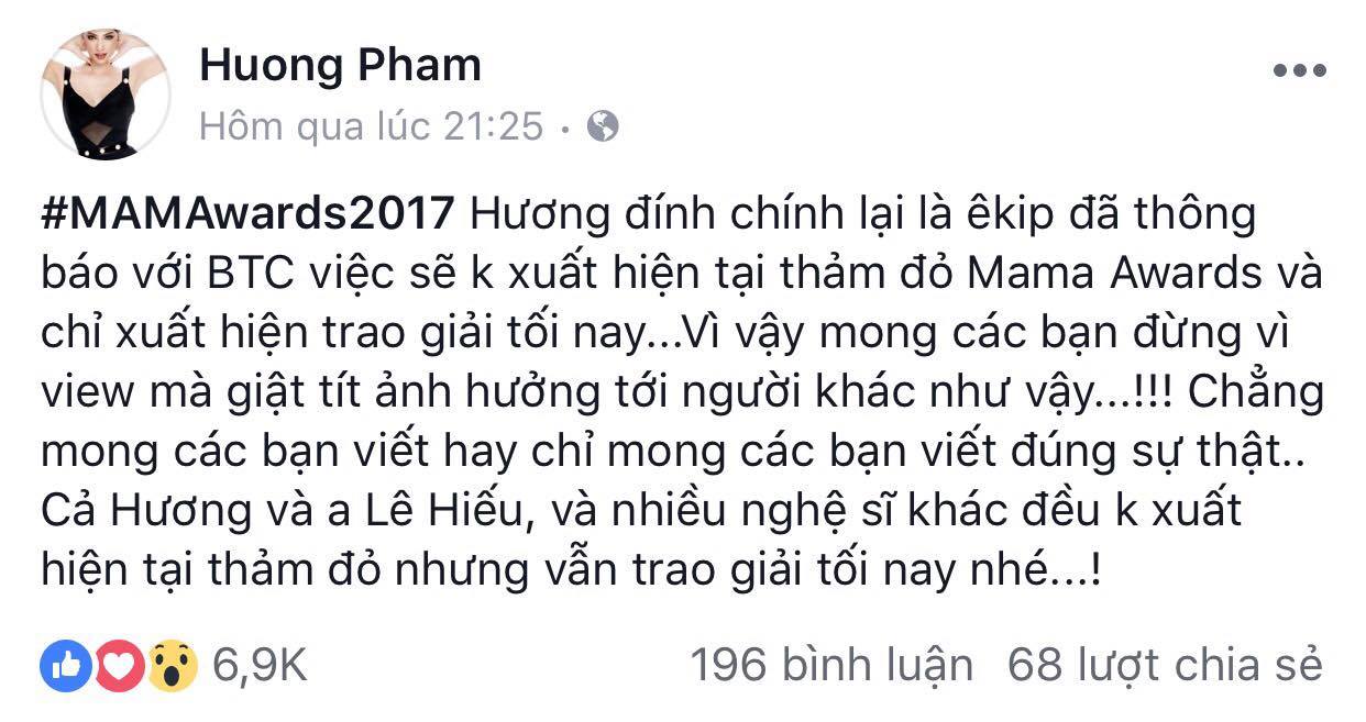 Phạm Hương bức x&uacute;c trước ồn &agrave;o 'đi trễ' tại MAMA 2017