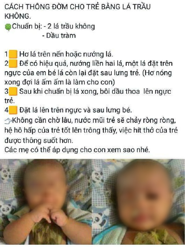 D&ugrave;ng l&aacute; trầu kh&ocirc;ng đắp l&ecirc;n ngực con để th&ocirc;ng đờm - chuy&ecirc;n gia cảnh b&aacute;o: Chỉ l&agrave; lời đồn