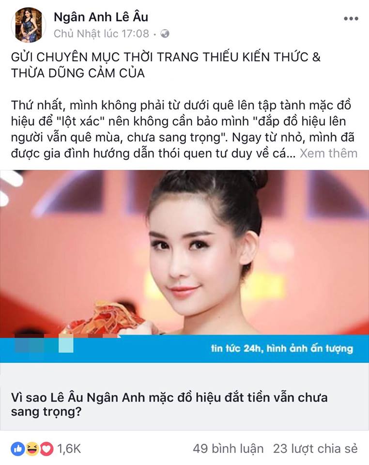 L&ecirc; &Acirc;u Ng&acirc;n Anh 'nổi đ&oacute;a' khi bị ch&ecirc; mặc đồ hiệu nhưng vẫn 'k&eacute;m sang'