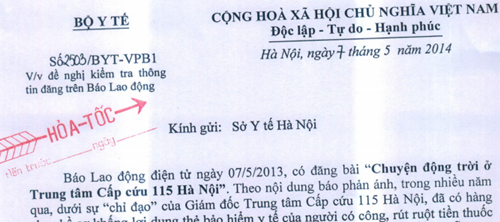 C&ocirc;ng văn Bộ Y tế y&ecirc;u cầu b&aacute;o c&aacute;o vụ việc ở 115 H&agrave; Nội