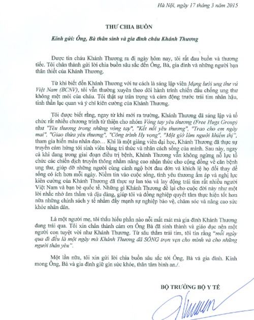 Thư Bộ trưởng Y tế gửi gia đình Khánh Thương, tức Thuong Nguyen Socbey