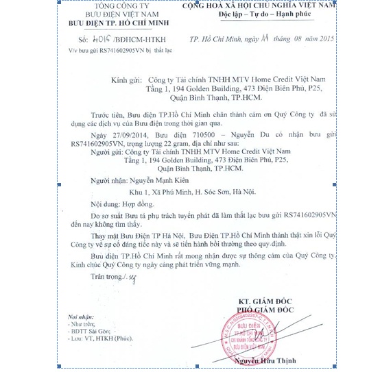 Văn bản từ bưu cục gửi Home Credit
