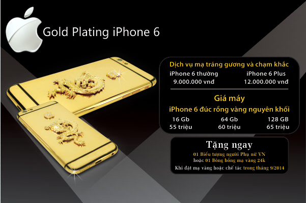 Hãng chuyên chế tác điện thoại và độ vàng cho siêu xe Royal Gold & Karalux cũng nhanh chóng giới thiệu bảng giá dịch vụ mạ vàng cho iPhone 6 và giá bán iPhone 6 đúc rồng vàng nguyên khối.