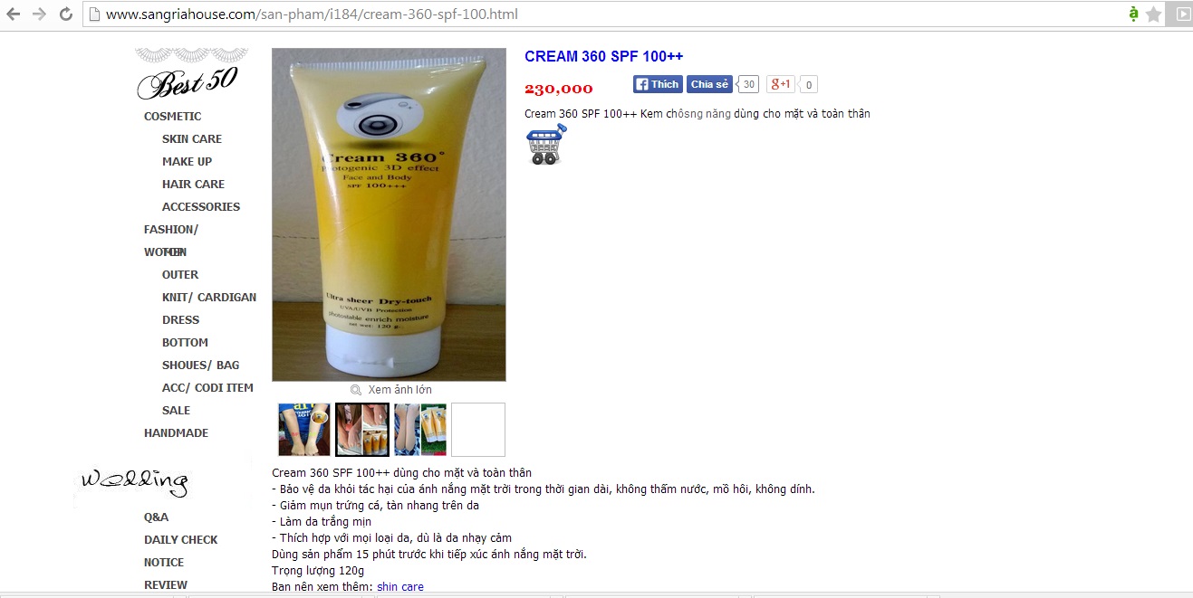 Cream 360 được rao b&aacute;n tr&ecirc;n trang web https://www.sangriahouse.com/, được quảng c&aacute;o với những c&ocirc;ng dụng, khuyến c&aacute;o kh&ocirc;ng c&oacute; tr&ecirc;n nh&atilde;n m&aacute;c