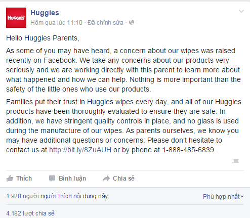 Phản hồi của h&atilde;ng Huggies tr&ecirc;n Facebook ch&iacute;nh thức về th&ocirc;ng tin sản phẩm khăn giấy ướt c&oacute; chứa vụn thủy tinh