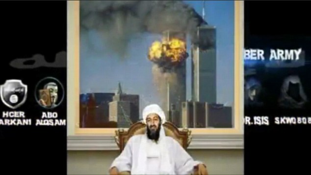 Một đoạn trong clip với h&igrave;nh ảnh Bin Laden ngồi trước t&ograve;a th&aacute;p đ&ocirc;i đang bốc ch&aacute;y được khủng bố IS đăng tải 