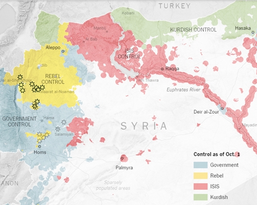 Khu vực c&aacute;c lực lượng kiểm so&aacute;t ở Syria: m&agrave;u hồng của khủng bố IS, m&agrave;u xanh l&aacute; của người Kurd, m&agrave;u v&agrave;ng của phe nổi dậy, m&agrave;u xanh da trời của ch&iacute;nh phủ Syria