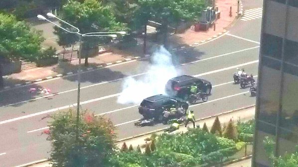 Hiện trường vụ tấn c&ocirc;ng khủng bố tại thủ đ&ocirc; Jakarta của Indonesia ng&agrave;y 14/1