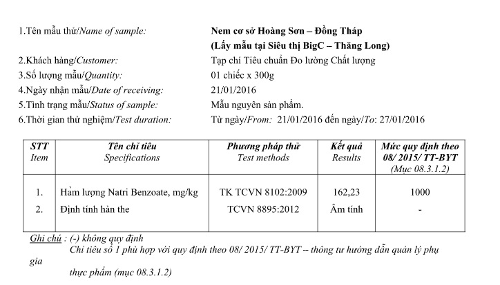 Nem cơ sở Ho&agrave;ng Sơn - Đồng Th&aacute;p được lấy mẫu tại Si&ecirc;u thị BigC Thăng Long cho kết quả kiểm nghiệm an to&agrave;n