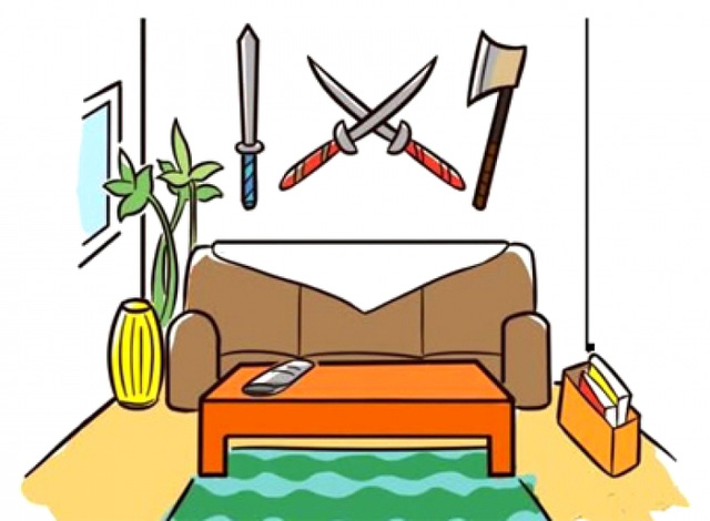 Mở cửa ch&iacute;nh thấy những vật sắc nhọn treo tr&ecirc;n tường sẽ tạo điềm xấu