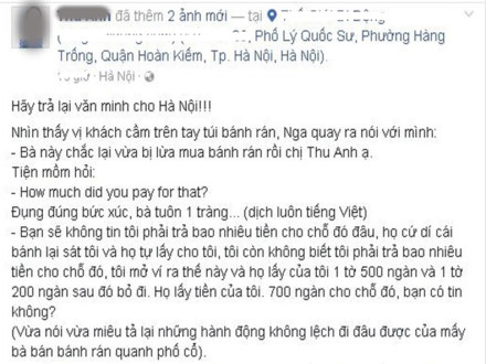 Một người Việt đ&atilde; chia sẻ lại c&acirc;u chuyện kh&aacute;ch T&acirc;y bị chặt ch&eacute;m tr&ecirc;n phố cổ l&ecirc;n mạng x&atilde; hội