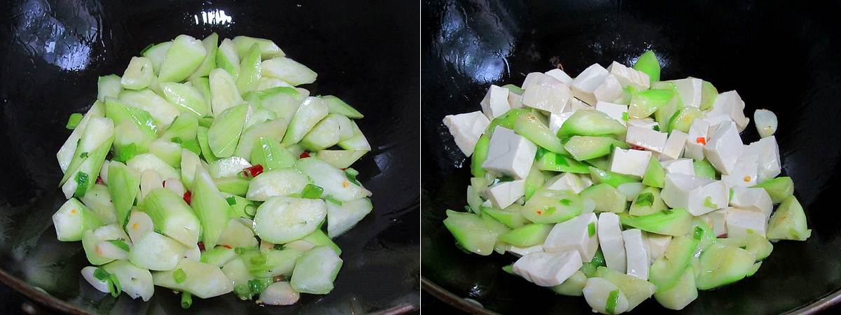 X&agrave;o đậu phụ v&agrave; mướp trước khi cho nước v&agrave;o đun s&ocirc;i