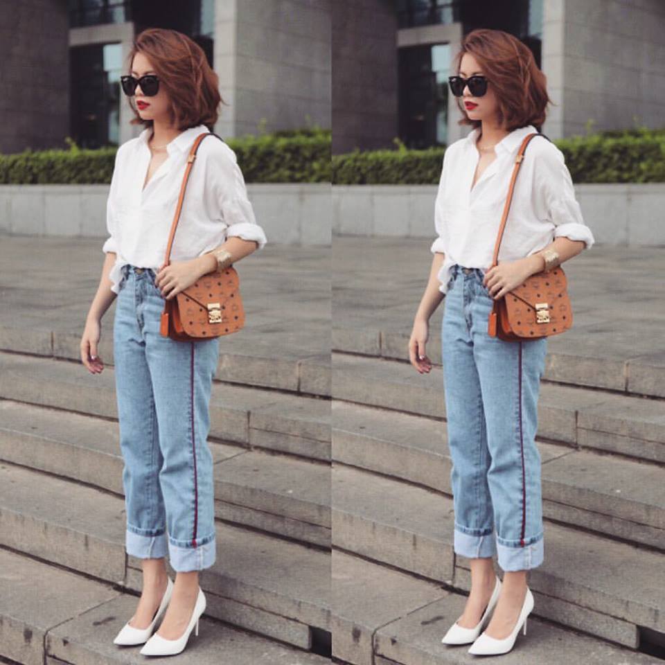 Style đơn giản nhưng chiếc quần jean cạp cao đ&atilde; gi&uacute;p Ho&agrave;ng Th&ugrave;y Linh ăn gian chiều cao hiệu quả