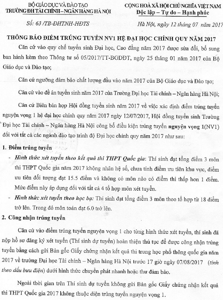 Văn bản th&ocirc;ng b&aacute;o điểm tr&uacute;ng tuyển của Đại học T&agrave;i ch&iacute;nh Ng&acirc;n h&agrave;ng H&agrave; Nội 2017
