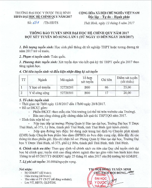 Th&ocirc;ng b&aacute;o x&eacute;t tuyển bổ sung lần 1 của ĐH Y Th&aacute;i B&igrave;nh 