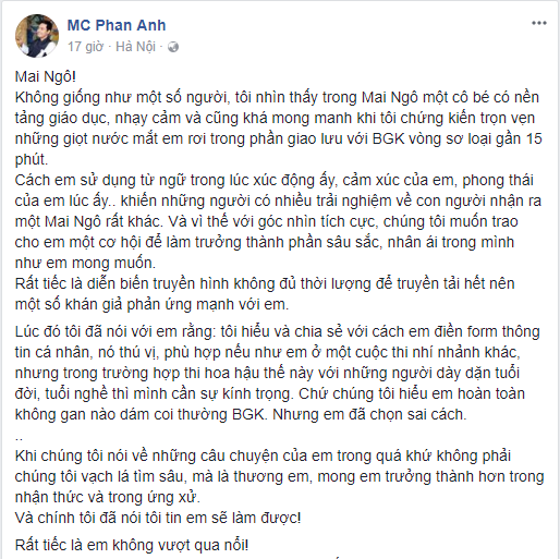 D&ograve;ng trạng th&aacute;i t&acirc;m huyết của MC Phan Anh n&oacute;i về Mai Ng&ocirc; trong cuộc thi Miss Universe Vietnam