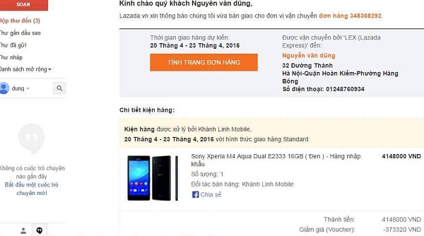 Th&ocirc;ng tin x&aacute;c nhận chuyển h&agrave;ng của Lazada