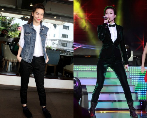 Hà Hồ với gu thời trang tomboy từ đời thường cho đến sân khấu. Người đẹp khéo léo kết hợp các món đồ sẵn có như denim, sơ mi phom rộng hay quần da để tạo vẻ ngoài mạnh mẽ. 