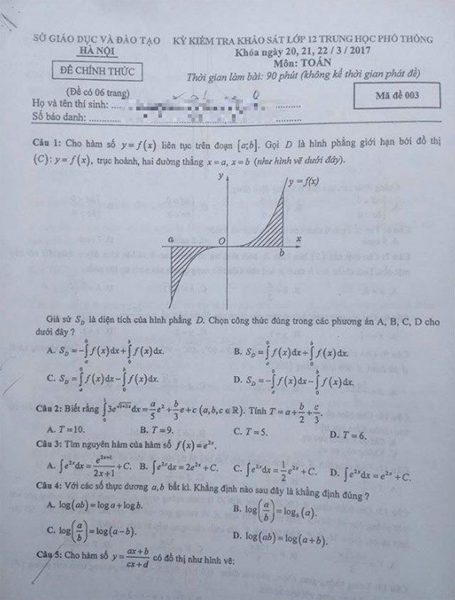 Đ&aacute;p &aacute;n đề thi thử m&ocirc;n To&aacute;n tốt nghiệp THPT quốc gia năm 2017