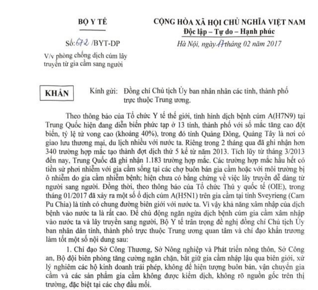 C&ocirc;ng văn của Bộ Y tế khuyến c&aacute;o người d&acirc;n cần chủ động ph&ograve;ng dịch c&uacute;m gia cầm l&acirc;y sang người. 