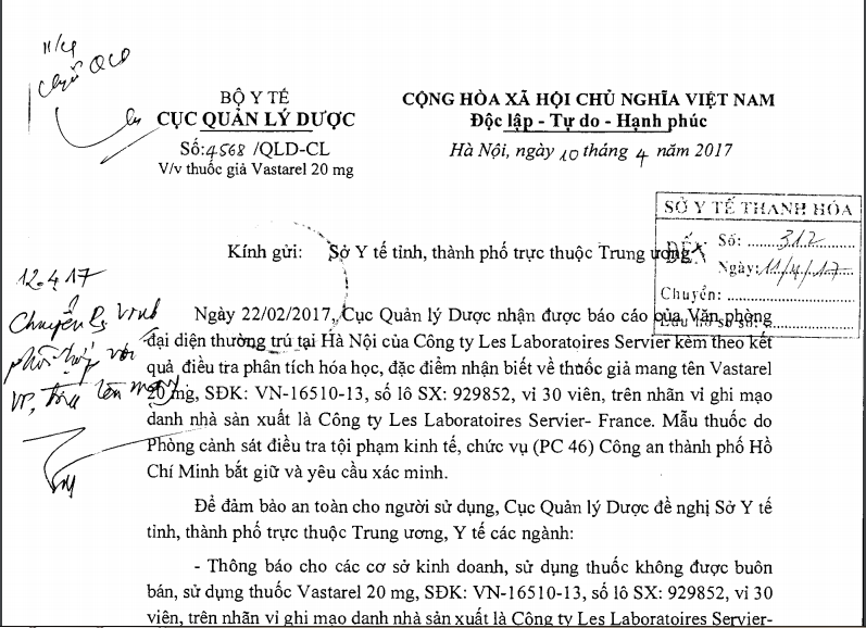  C&ocirc;ng văn cảnh b&aacute;o về thuộc Vastarel 20 mg giả của Cục Quản l&yacute; Dược (Bộ Y tế)