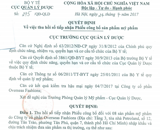 Quyết định thu hồi số tiếp nhận Phiếu c&ocirc;ng bố đối với 08 sản phẩm 13Win21 con - Tri ân hội viên mỗi tháng 2000 tỷ do C&ocirc;ng ty cổ phần Overseas Fashion. 