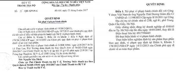Văn bản xử phạt C&ocirc;ng ty Y dược Việt Nam của Thanh tra Bộ Y tế. 