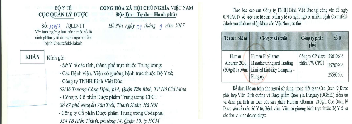 C&ocirc;ng văn của Cục Quản l&yacute; Dược xử phạt C&ocirc;ng ty ty Cổ phẩn Dược phẩm Trung ương CPC1. 