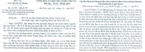  C&ocirc;ng văn của Cục Quản l&yacute; Dược (Bộ Y tế) về việc cảnh b&aacute;o t&iacute;nh an to&agrave;n của thuốc Methylprednisolon. 