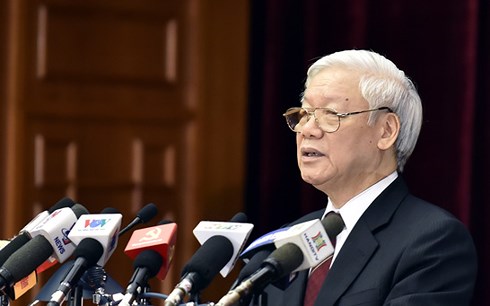 Tổng B&iacute; thư Nguyễn Ph&uacute; Trọng ph&aacute;t biểu bế mạc hội nghị. Ảnh: b&aacute;o Đầu Tư