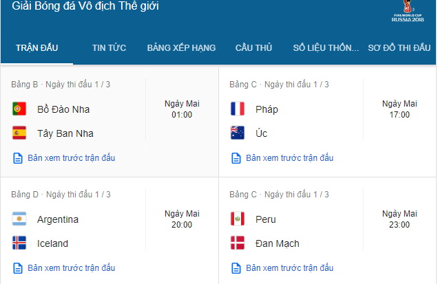 Lịch thi đấu b&oacute;ng đ&aacute; World Cup 2018 ng&agrave;y mai (16/6)