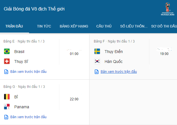 Lịch thi đấu World Cup 2018 h&ocirc;m nay (18/6). Ảnh cập nhật: Internet