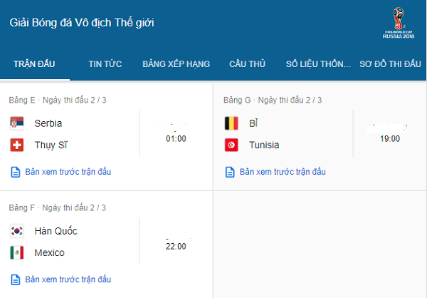 Lịch xem b&oacute;ng đ&aacute; world cup 2018 ng&agrave;y 23/6. Cập nhật: Internet 