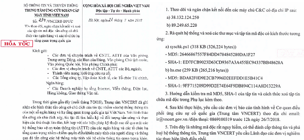 C&ocirc;ng văn hỏa tốc của Trung t&acirc;m VNCERT gửi c&aacute;c cơ quan về tin tặc tấn c&ocirc;ng c&oacute; chủ đ&iacute;ch. 