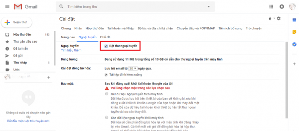 Bật thư ngoại tuyến 