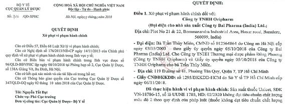 Quyết định xử phạt của Cục Quản l&yacute; Dược đối với C&ocirc;ng ty TNHH Oripharm do sản xuất thuốc kh&ocirc;ng đạt chất lượng