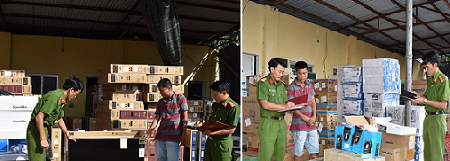  C&ocirc;ng an tỉnh Ninh B&igrave;nh tiến h&agrave;nh lập bi&ecirc;n bản v&agrave; thu giữ to&agrave;n số h&agrave;ng h&oacute;a gồm ti vi, loa vi t&iacute;nh...