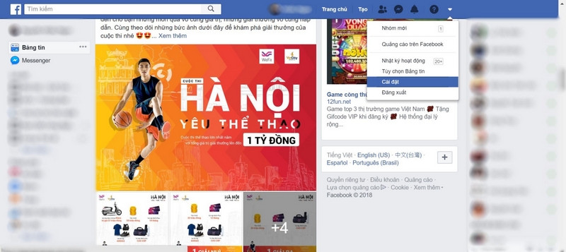 H&atilde;y chọn phần C&agrave;i đặt sau khi đăng nhập t&agrave;i khoản Facebook 