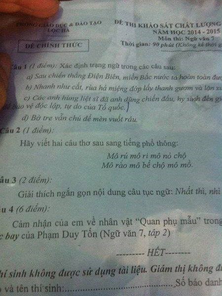 Câu hỏi sử dụng tiếng Hà Tĩnh trong đề thi Ngữ văn 7 của huyện Lộc Hà có số điểm tối đa là 1 điểm Câu hỏi sử dụng tiếng Hà Tĩnh trong đề thi Ngữ văn 7 của huyện Lộc Hà có số điểm tối đa là 1 điểm